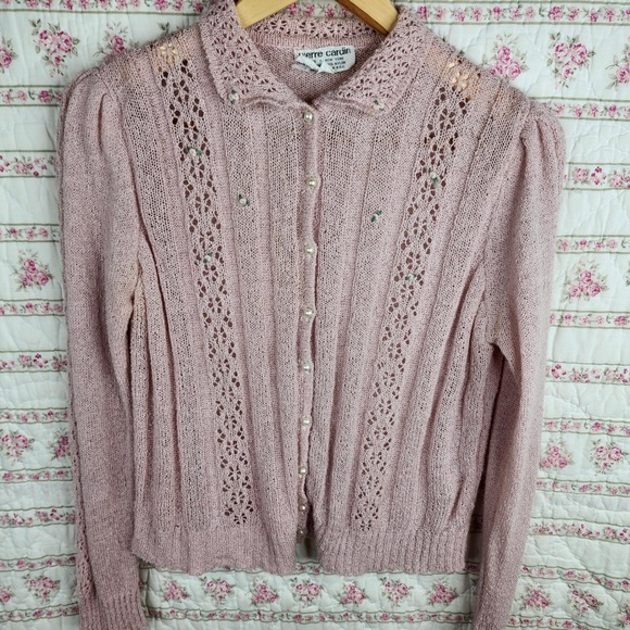 Vintage Pierre Cardin Knit Cardigan Sweater Pearl Button Embellished Pink Size L - Picture 1 of 8